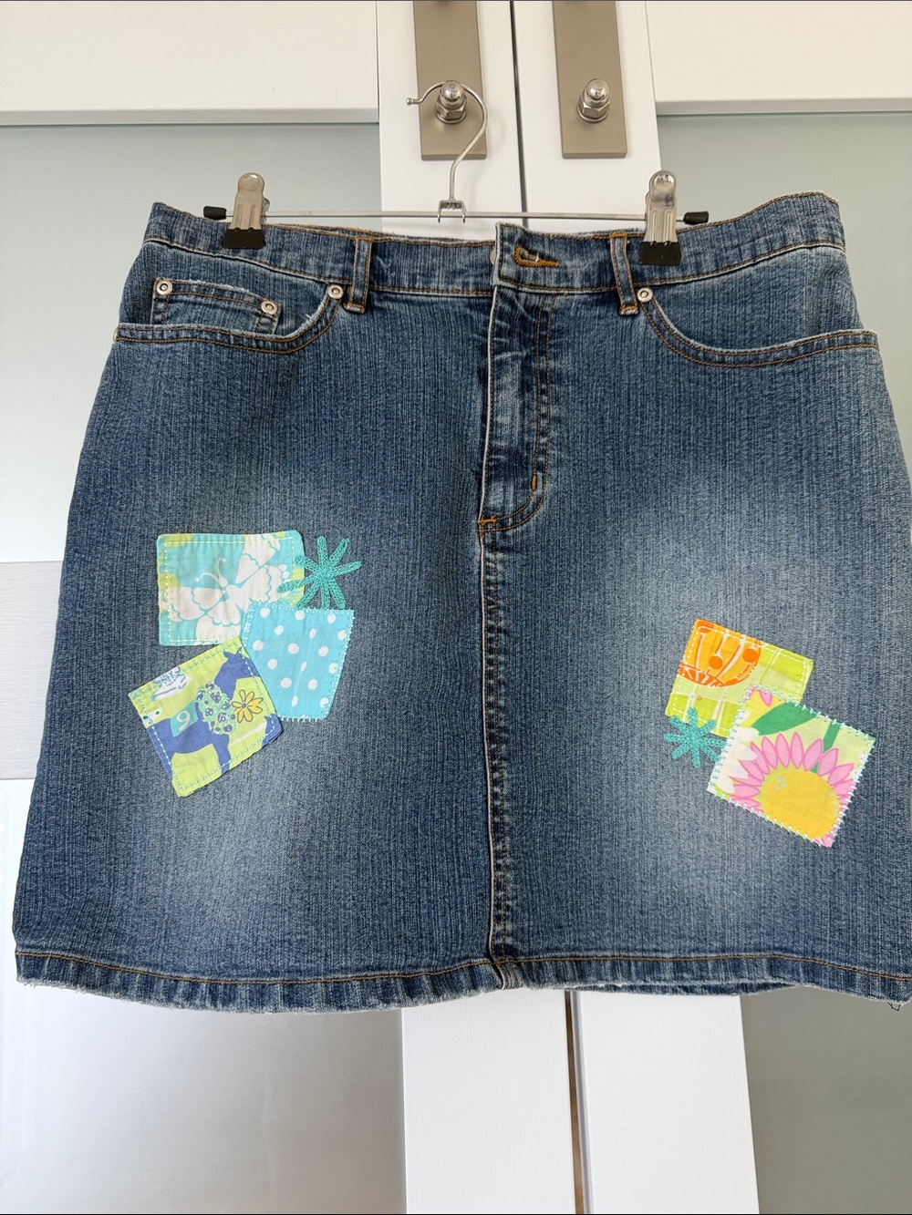 Lilly Pulitzer Denim Mini Jean  Skirt with Bright Patchwork size 4